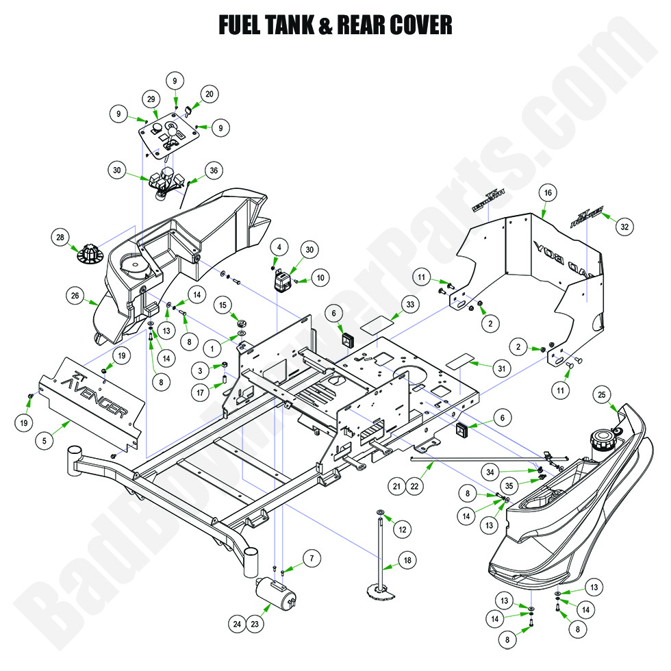 3627 - Bad Boy Mower Parts Lookup > 2024 > ZT Avenger > Fuel Tank & Rear Cover